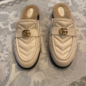 Gucci Quilted Sherpa Lined Mule, Ivory, Size 39, New